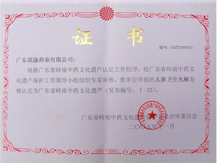Ginseng Health Pill Lingnan Traditional Chinese Medicine Cultural Heritage Certificate