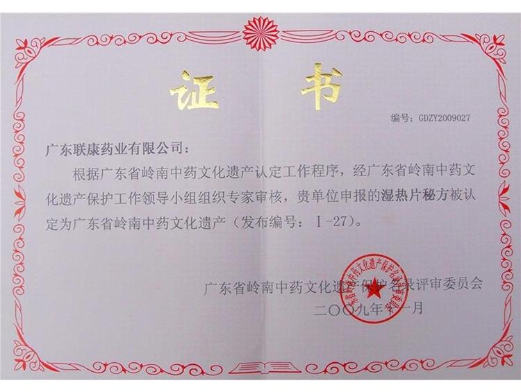 Certificate of Cultural Heritage of Traditional Chinese Medicine in Damp and Hot Pian Lingnan